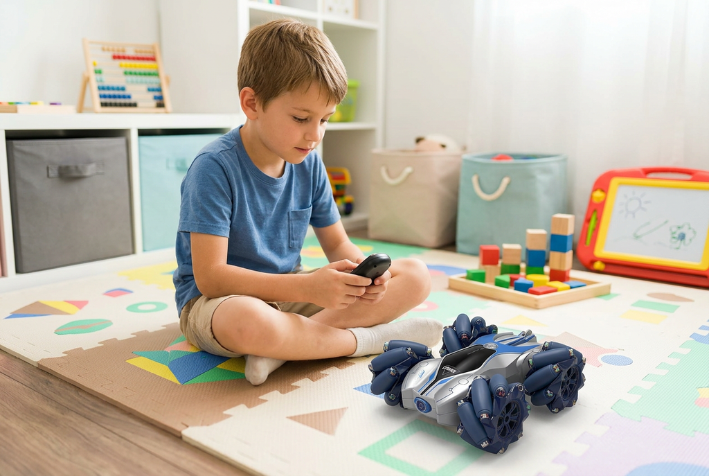 AI illustration: boy operating Intruder stunt car with handheld remote; car and controller based on packaging artwork, actual unboxed appearance unverified
