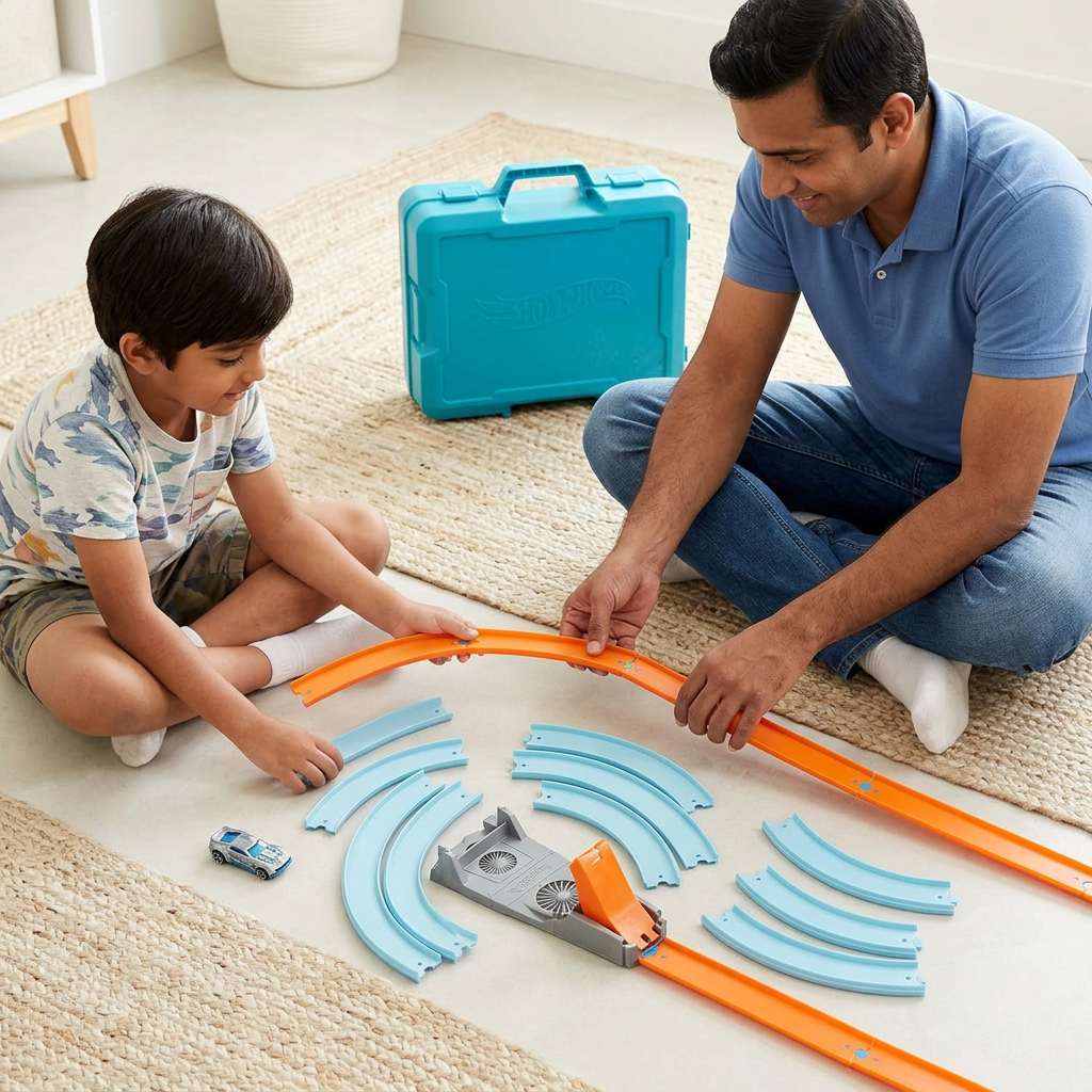 AI-generated parent and child assembling Air Drop track illustration