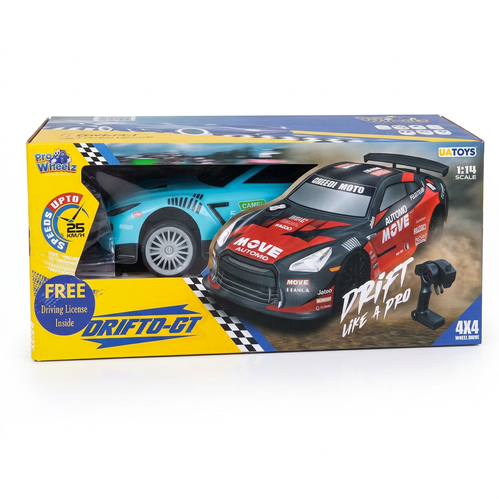 AI-generated clean Drifto-GT retail packaging illustration