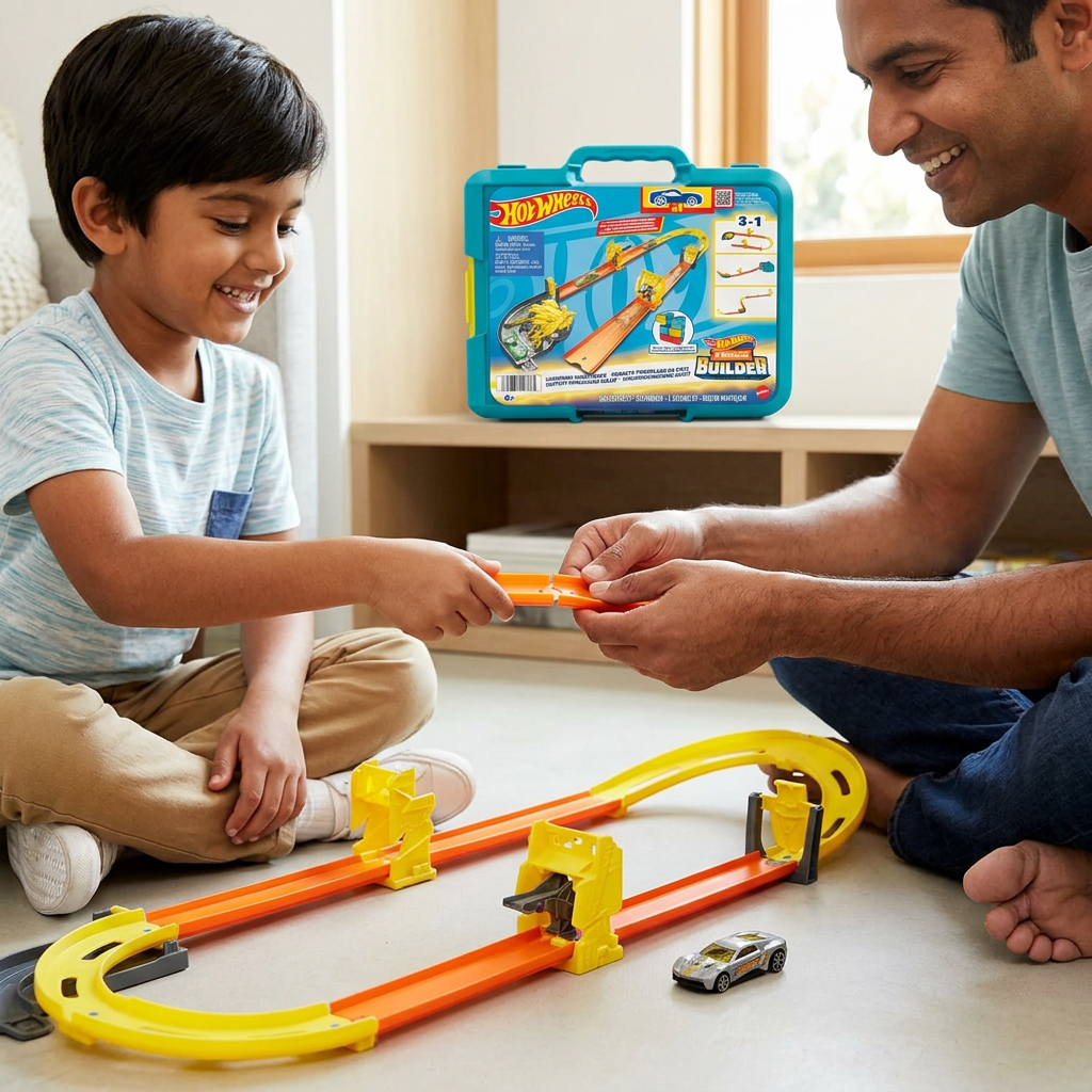 AI-generated illustration of a parent and child building a Hot Wheels track together