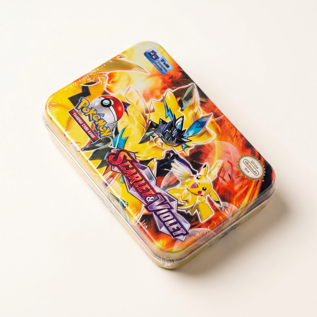 Pokémon Scarlet & Violet design card tin on a white studio background