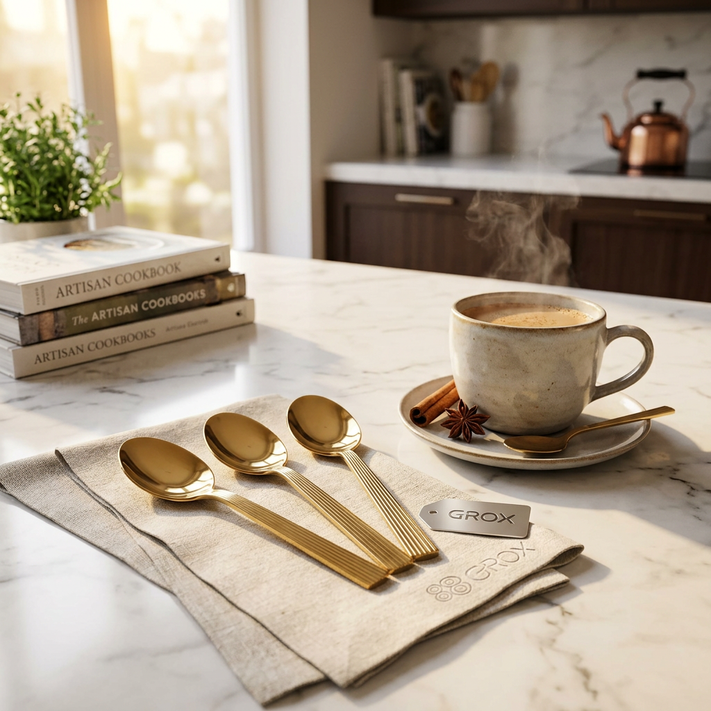 GROX gold spoons on marble kitchen counter with chai cup