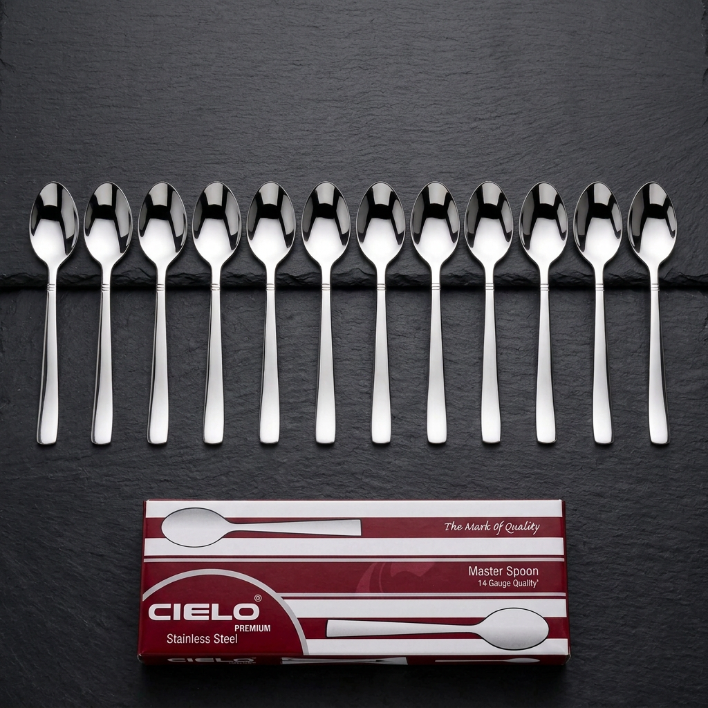 12 Cielo plain spoons in a row on dark slate