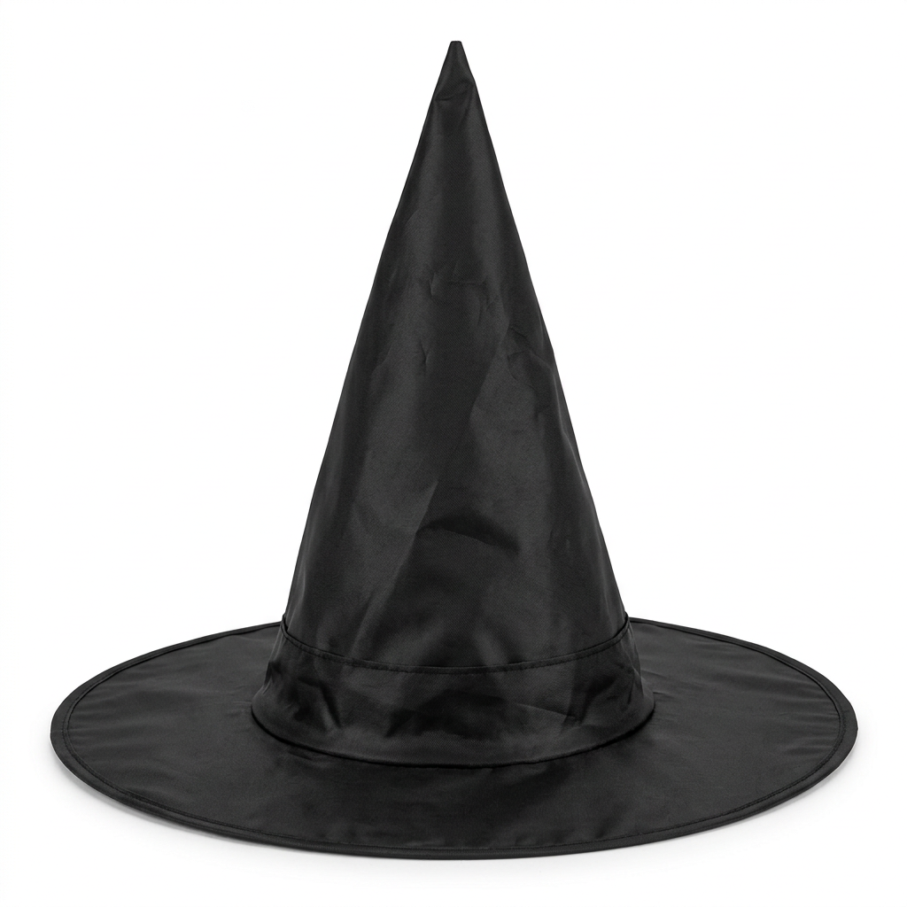 AI illustration: front studio view of plain black pointed witch hat