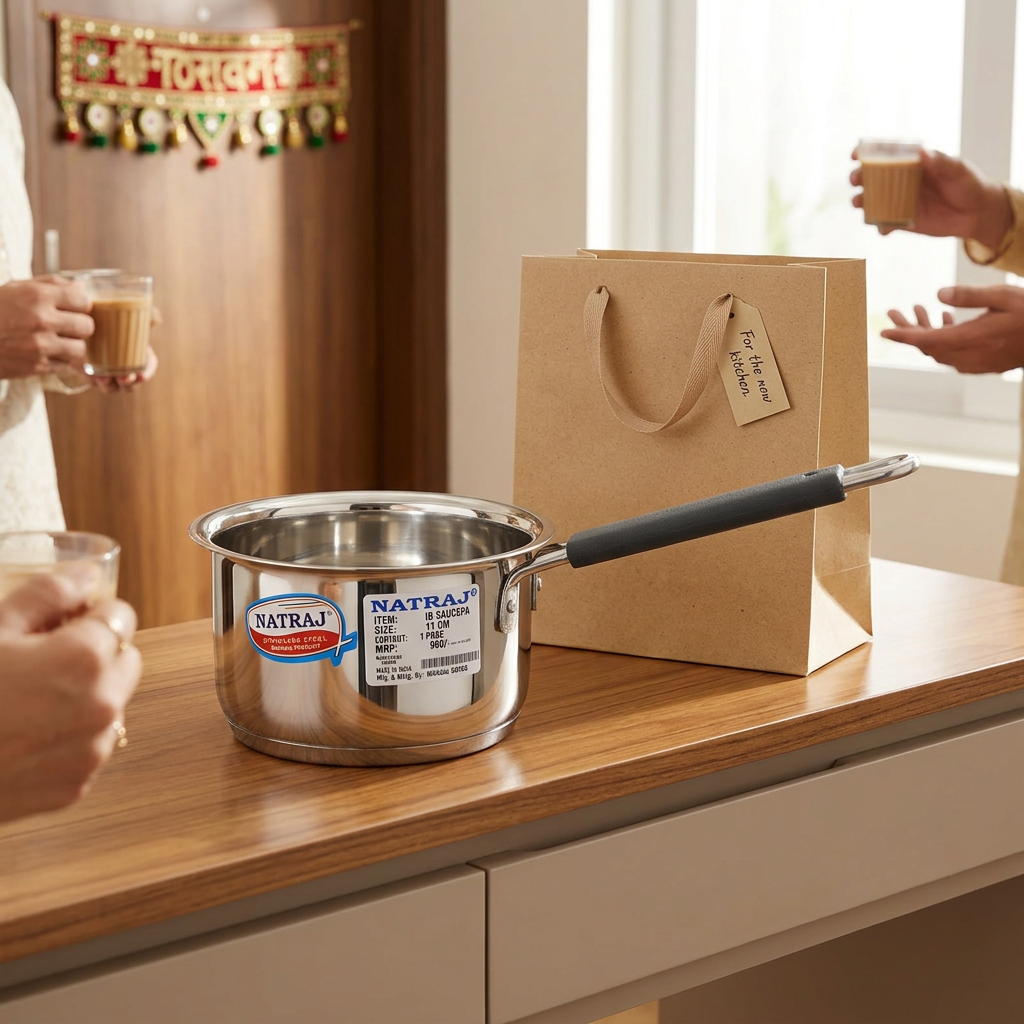 AI-generated housewarming gifting illustration of Natraj saucepan