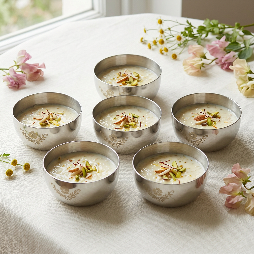 AI illustration: floral six-bowl dessert hosting, props excluded