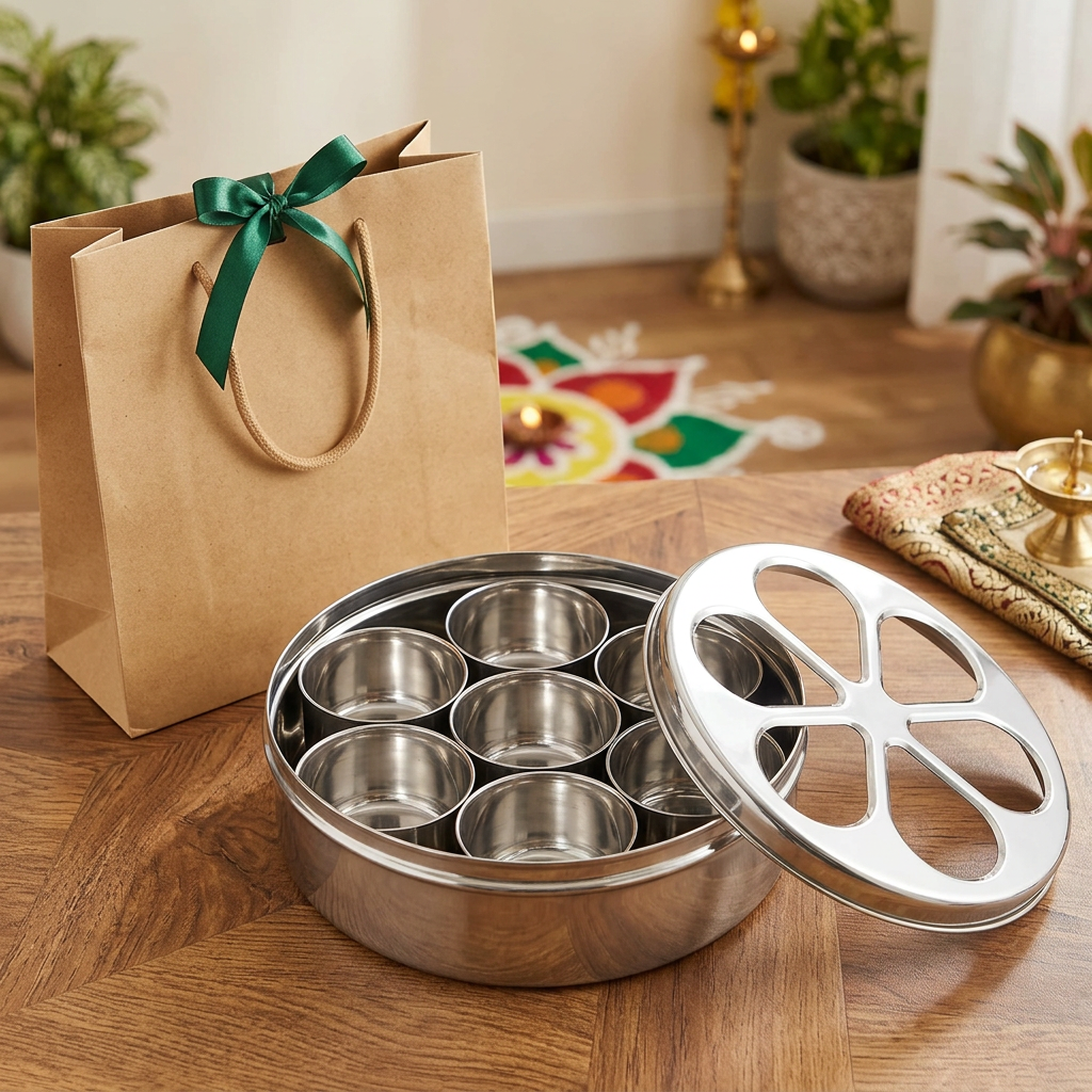 AI-generated housewarming gifting illustration of Natraj masala dani