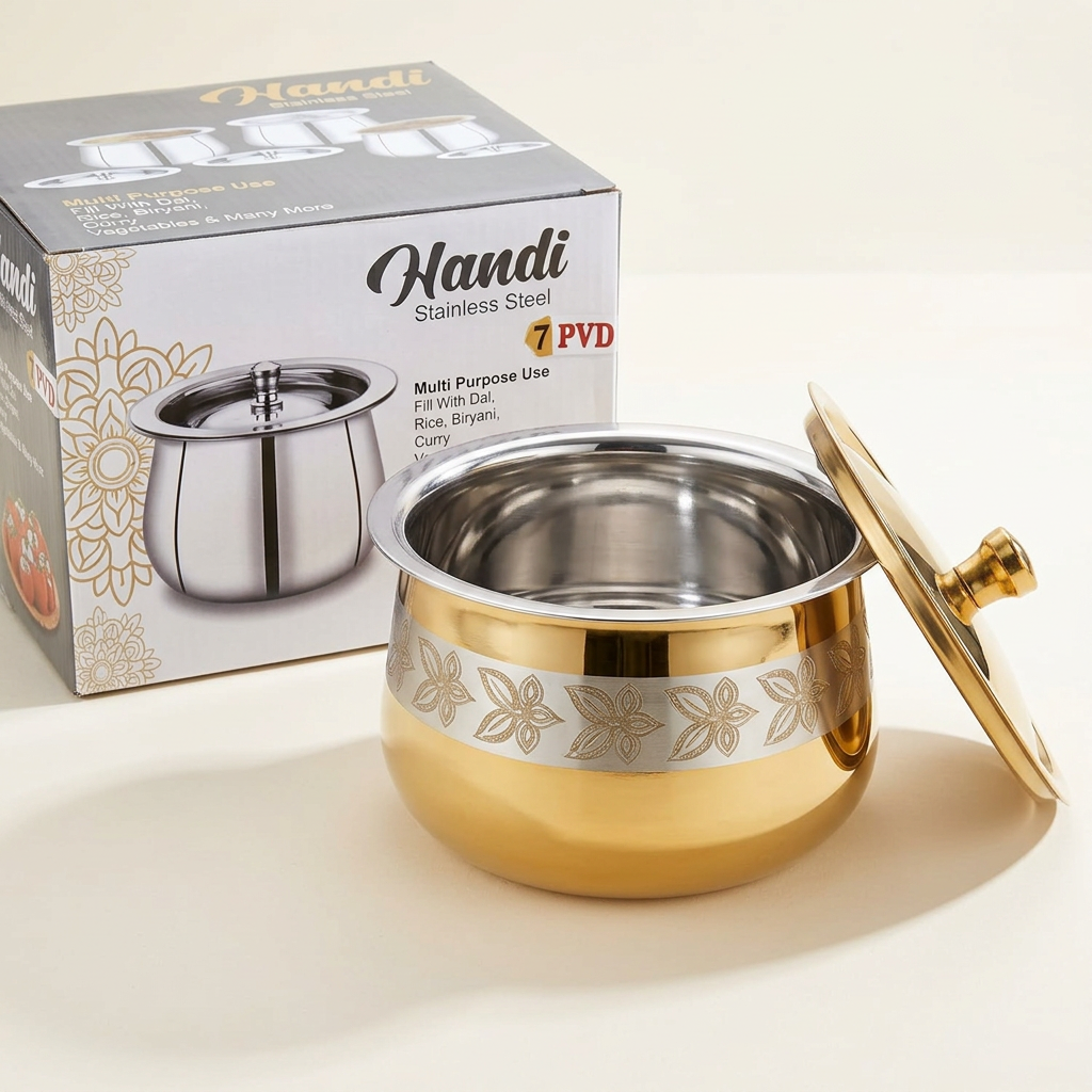 AI-generated illustration of gold exterior and silver interior handi with box