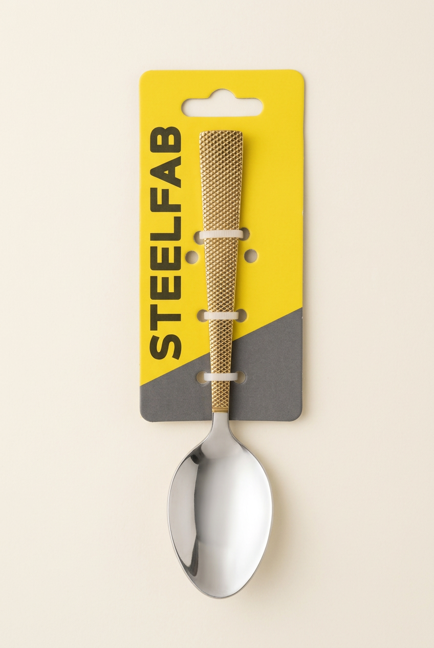 AI-enhanced packaging illustration of Steelfab mesh-handled tea spoon