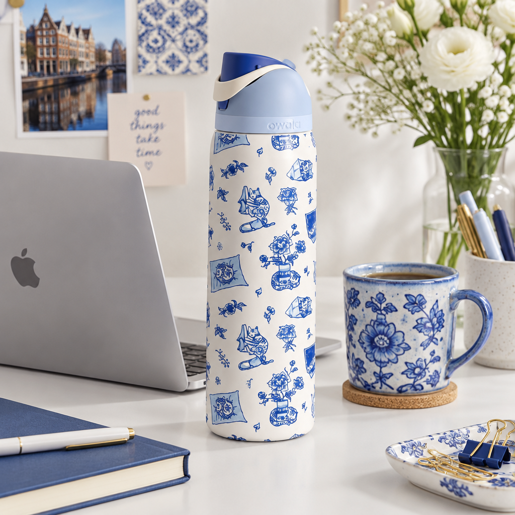 Owala Water Bottle – Delft Cat Edition – office lifestyle
