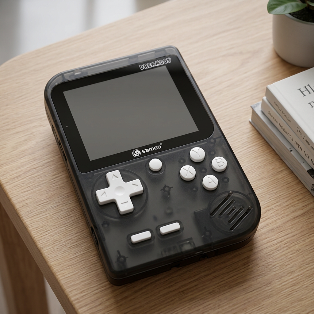 AI illustration: Sameo Dreamboy white-button console on desk; styling props excluded