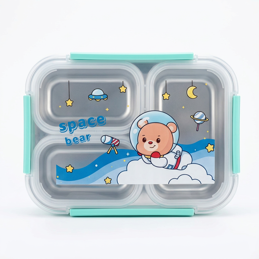Space Bear astronaut lunch box - mint teal clips studio shot