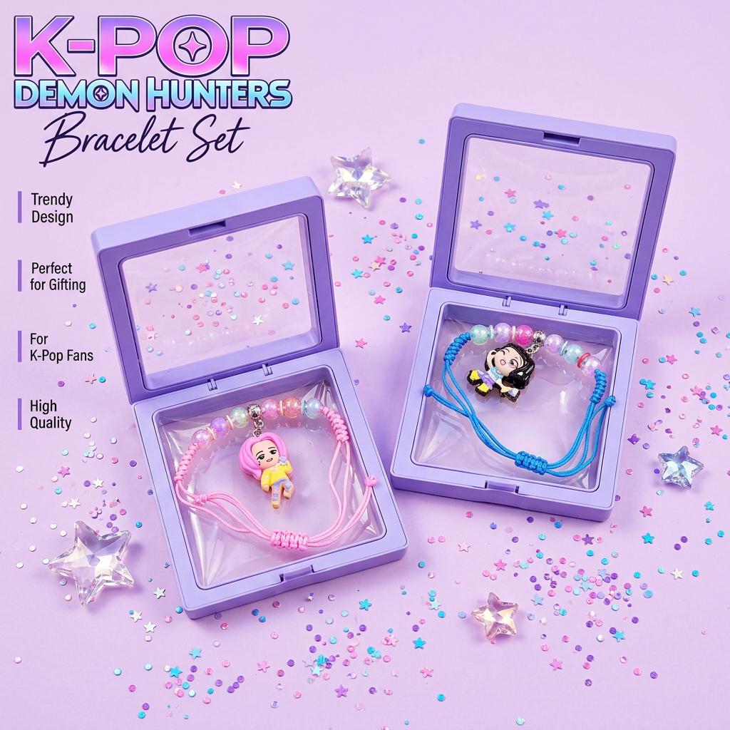 K-Pop bracelet set flat lay purple background