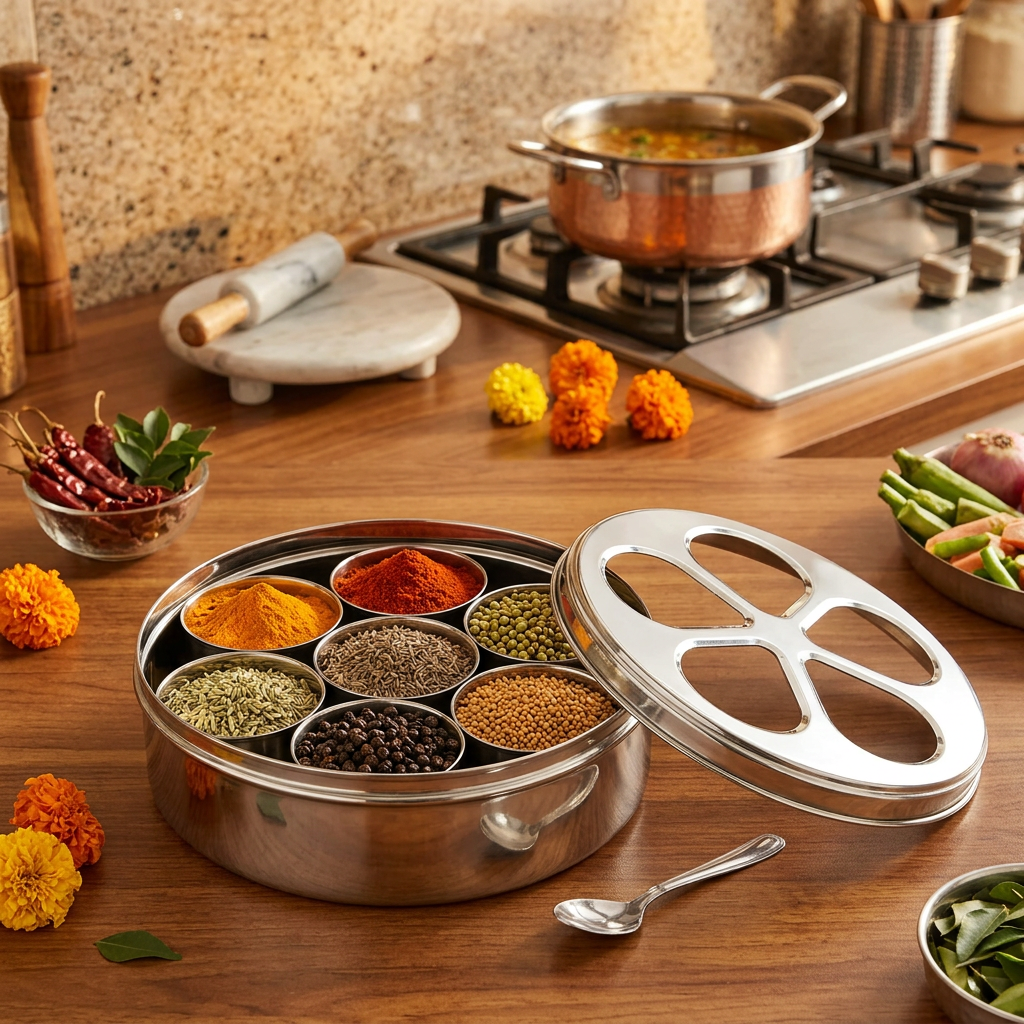 AI-generated festive meal preparation illustration of Natraj spice box