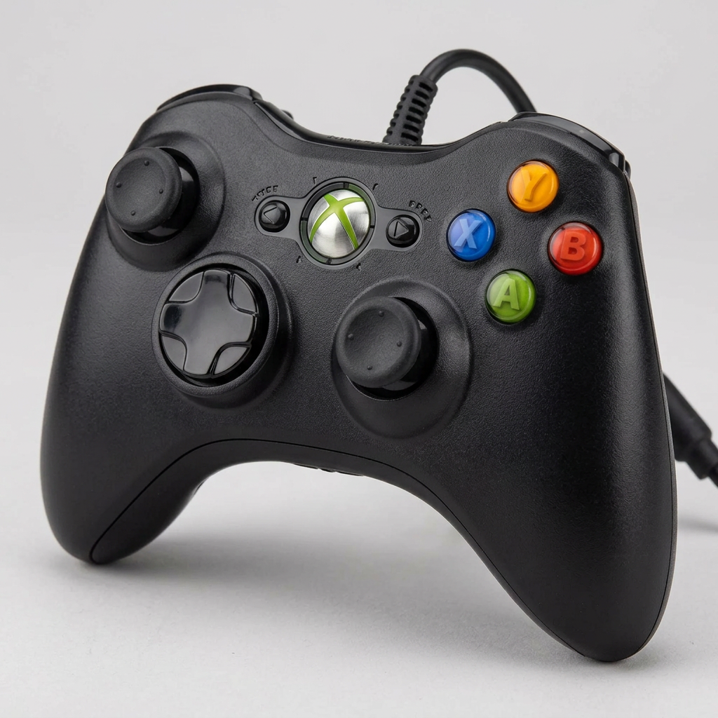 AI illustration: black wired controller angled close-up