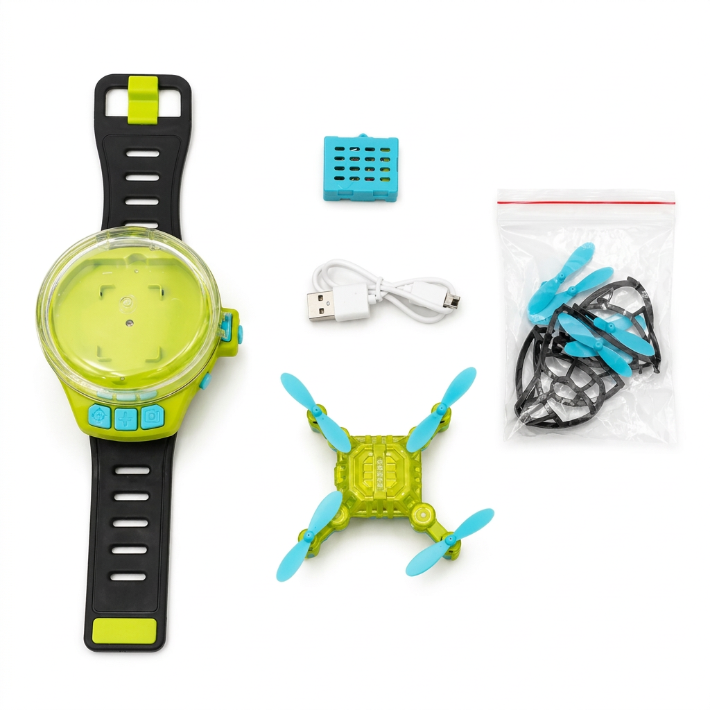 AI-generated studio illustration of mini drone and wrist controller kit