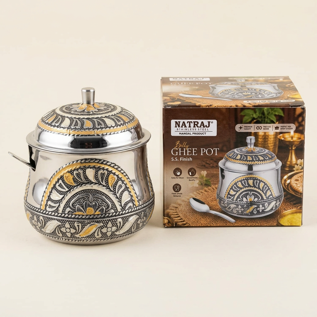 AI-generated illustration of ghee pot and retail box