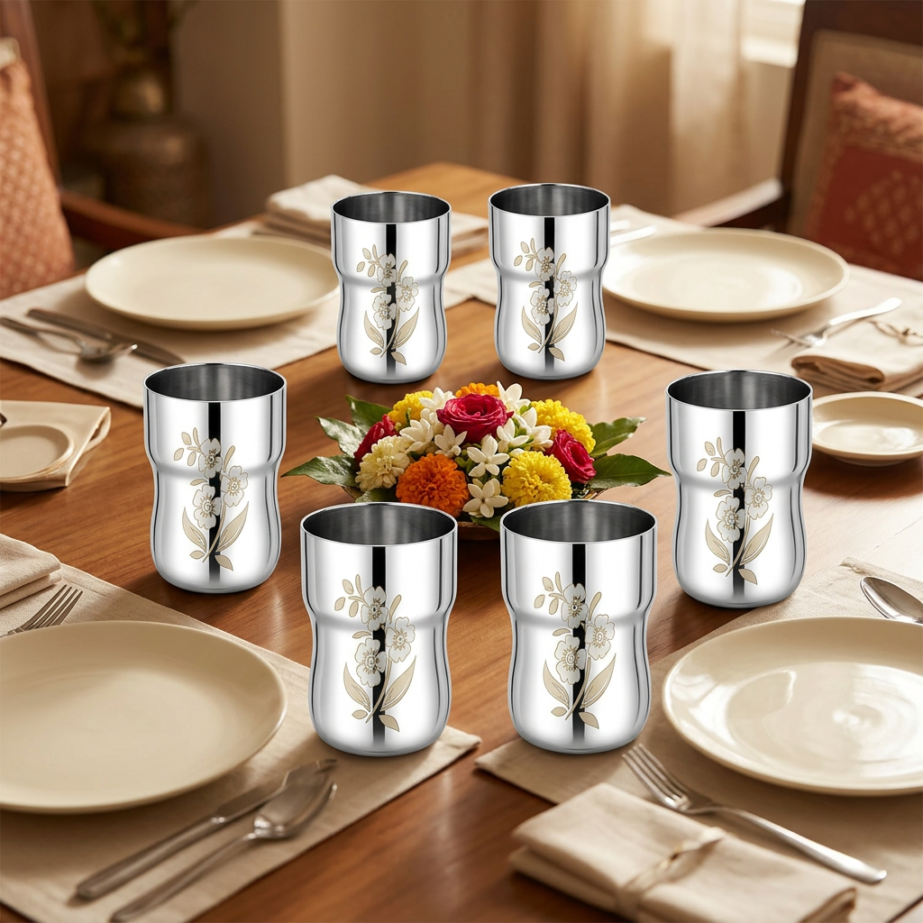 AI illustration: six floral tumblers in hosting scene, props excluded