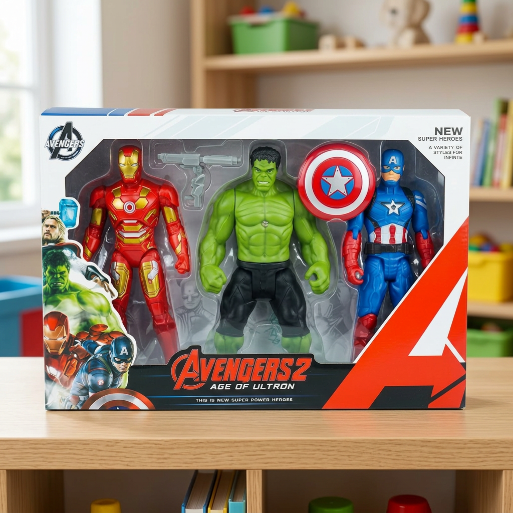 AI illustration: boxed three-figure superhero set playroom display, props excluded
