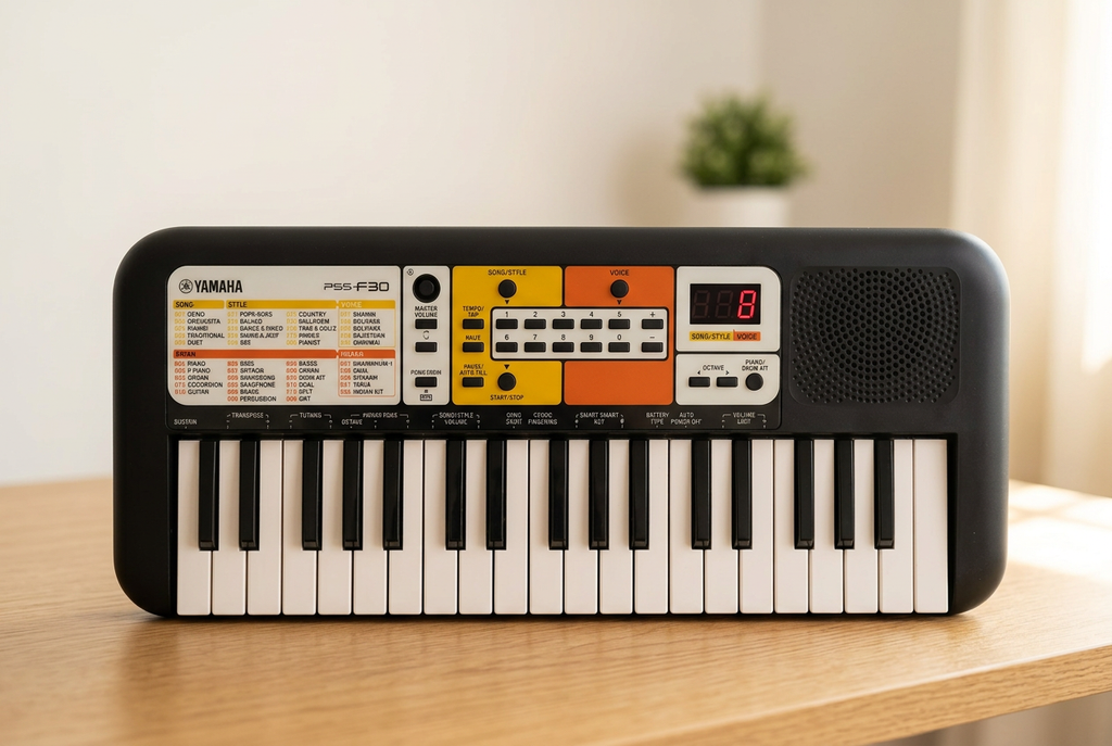 Yamaha PSS-F30 keyboard on a wooden desk in a home music setup