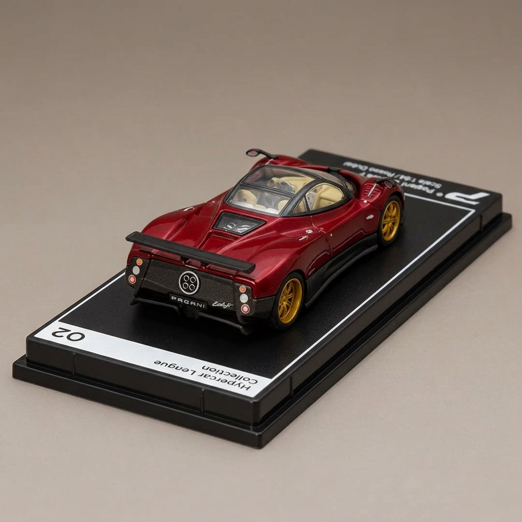 AI illustration: burgundy Pagani model rear three-quarter studio view