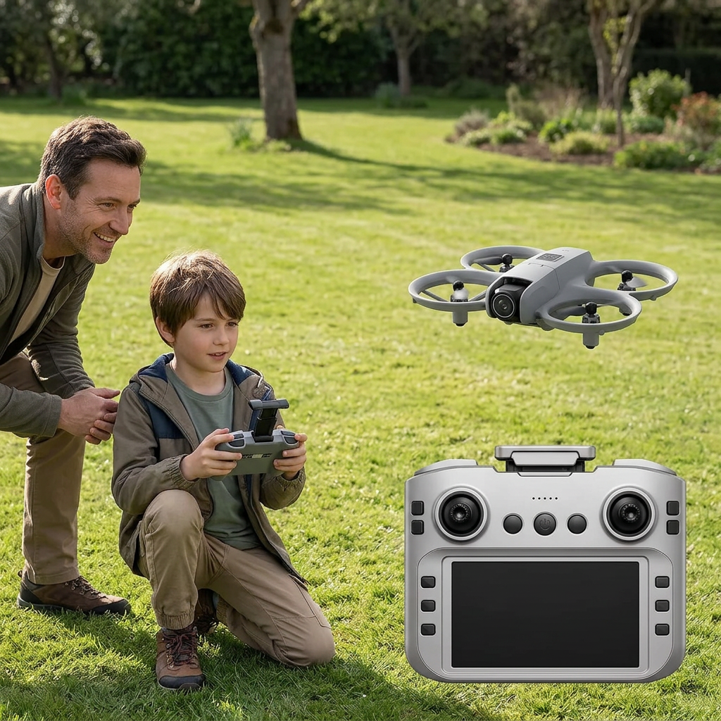 Generated lifestyle scene of a child flying the grey drone outdoors with adult supervision and the corrected silver controller