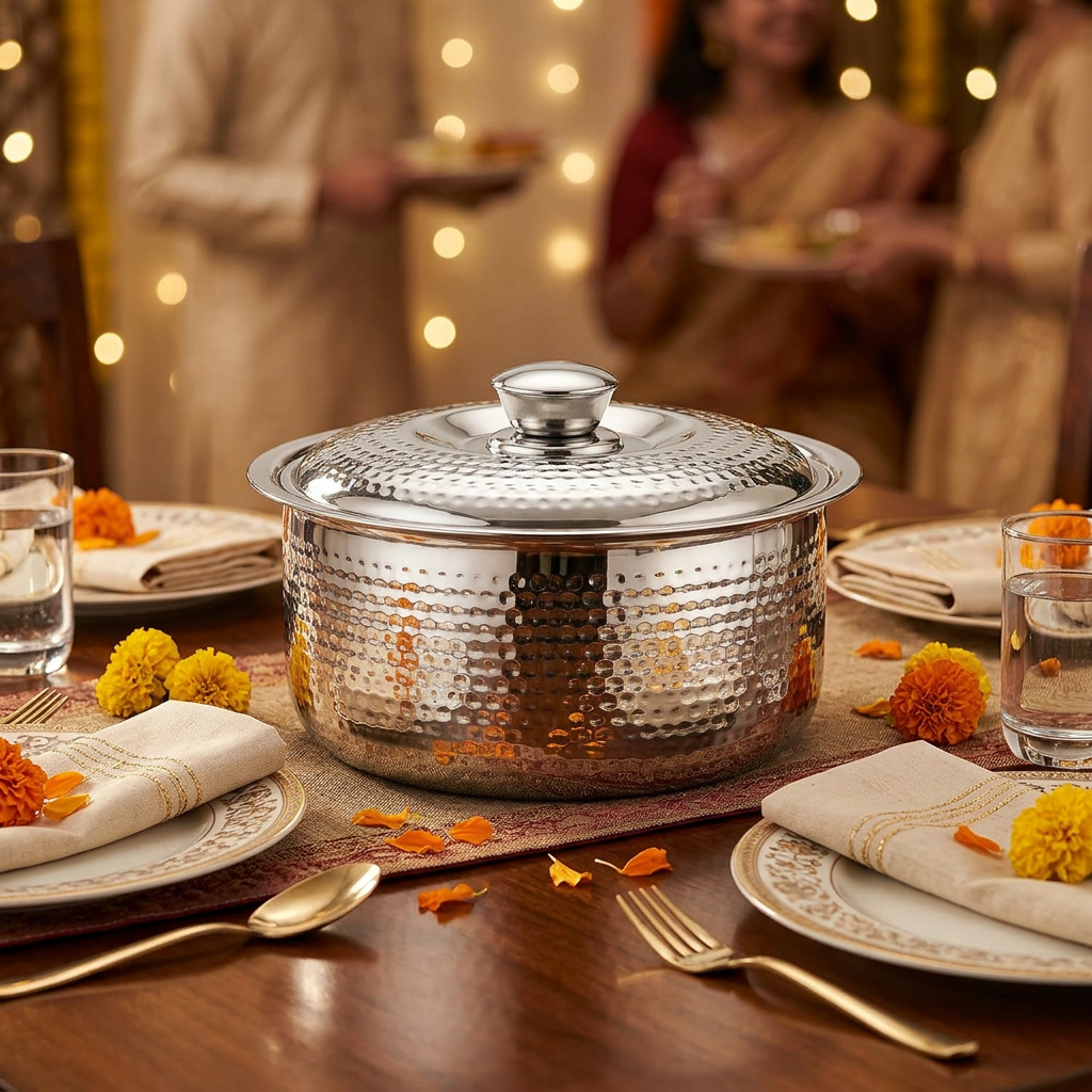 AI-generated festive hosting illustration of Natraj Kunj hammered casserole