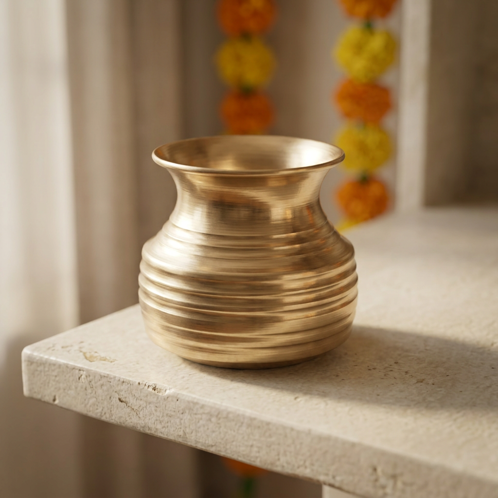 AI-styled pooja-corner scene with ridged lota; styling accessories excluded.
