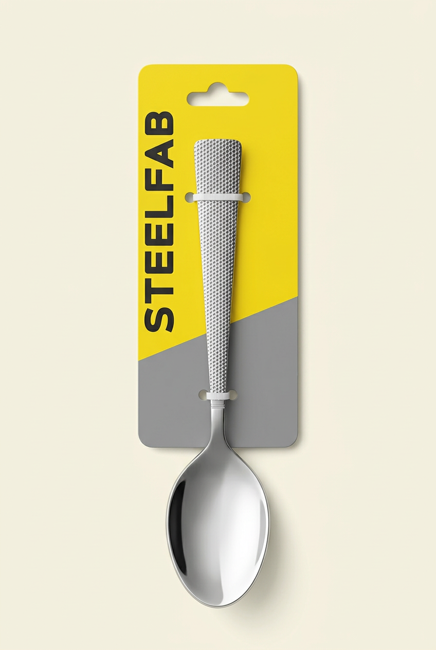 AI-enhanced packaging image of Steelfab silver dessert spoon on original yellow and grey display card