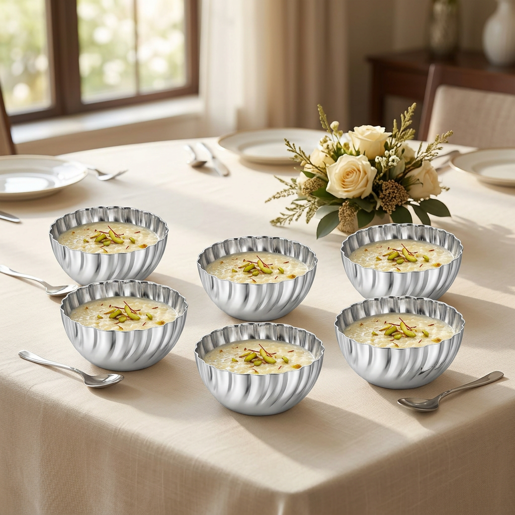 AI illustration: six bowls in dessert hosting scene, food and props excluded