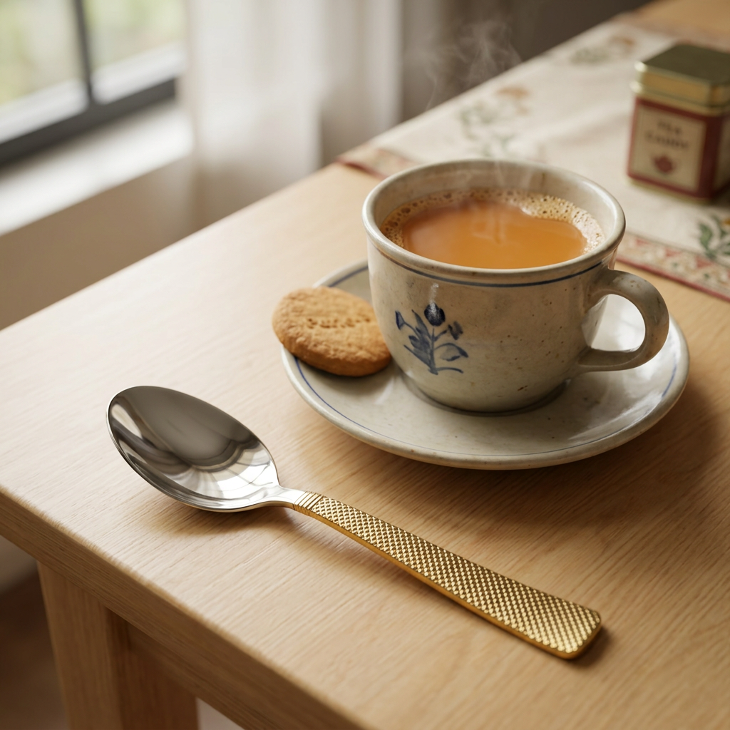AI-generated everyday tea-time illustration of Steelfab mesh-handled tea spoon