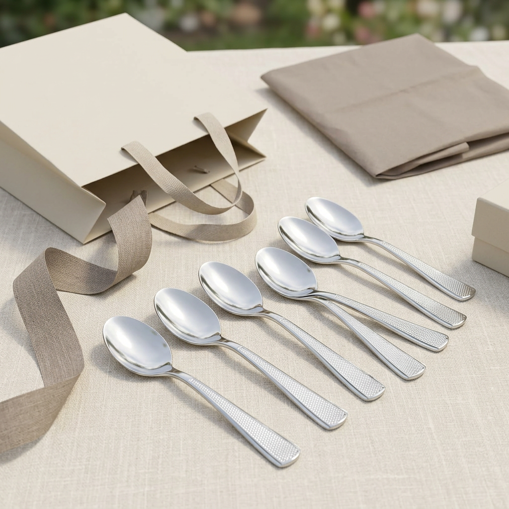 AI-generated gifting illustration of Steelfab silver baby spoons set of six