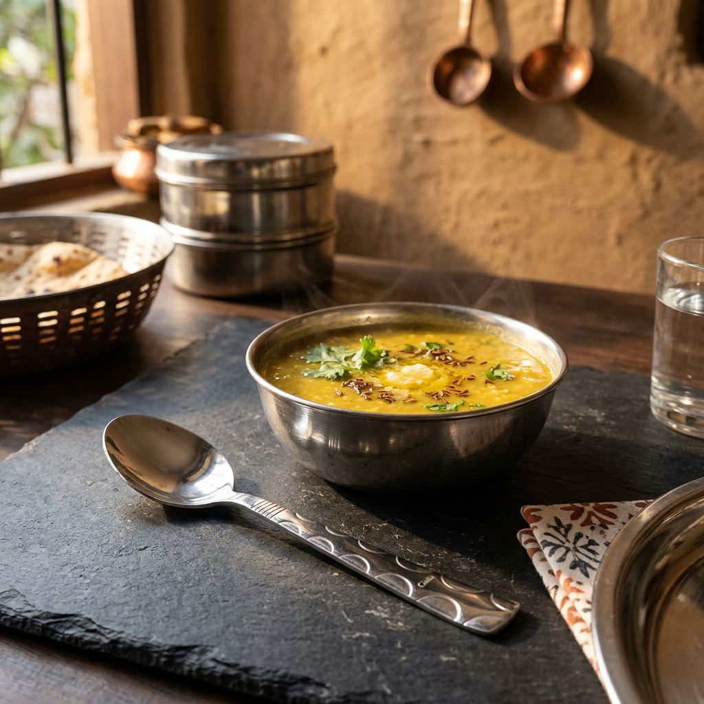 Cielo spoon with dal bowl Indian kitchen dining scene