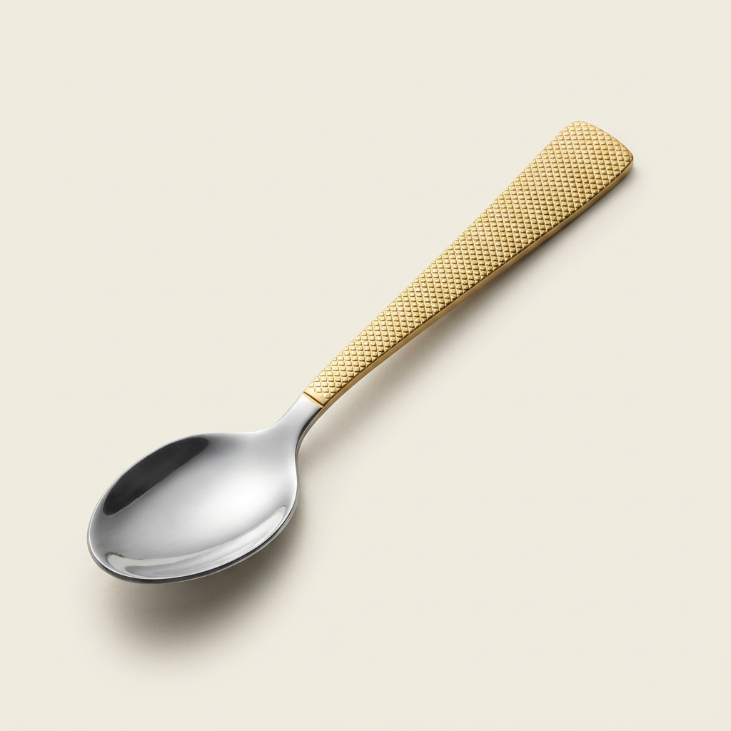 AI-generated studio illustration of Steelfab mesh-handled tea spoon