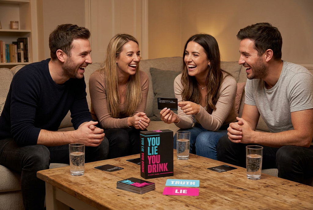 Adult friends playing You Lie You Drink in a living room