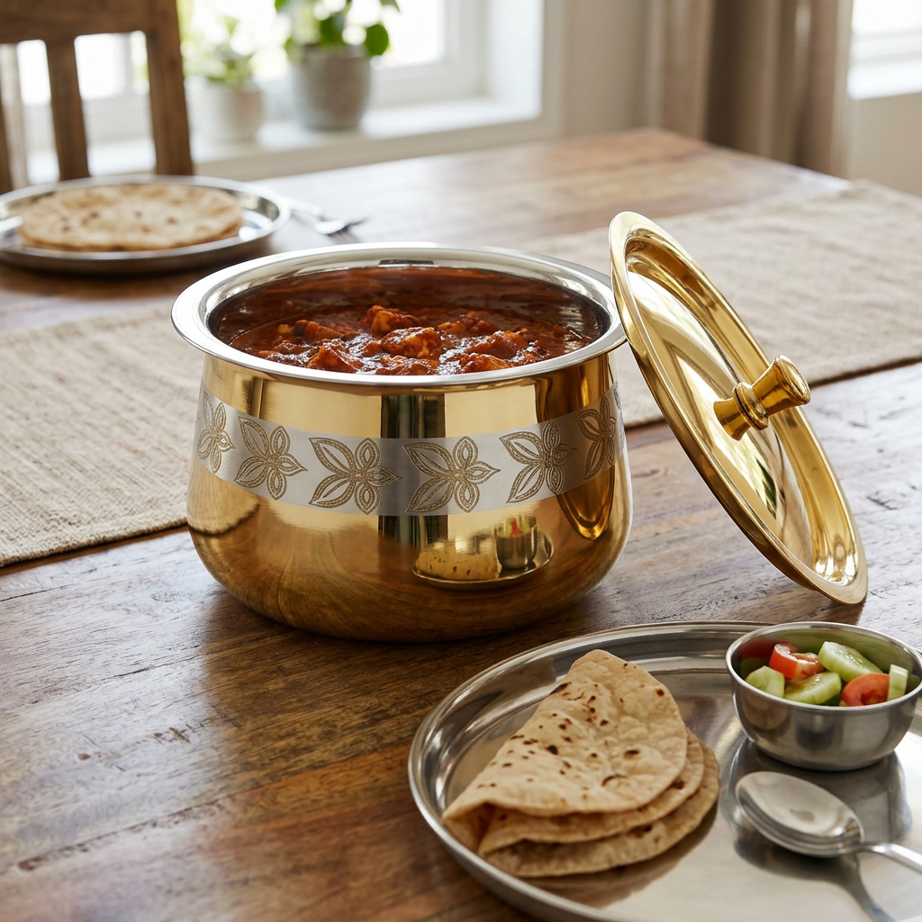 AI-generated everyday dining illustration of PVD 8 gold exterior and silver interior handi