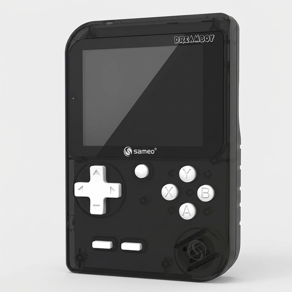 AI illustration: Sameo Dreamboy white-button console angled studio view