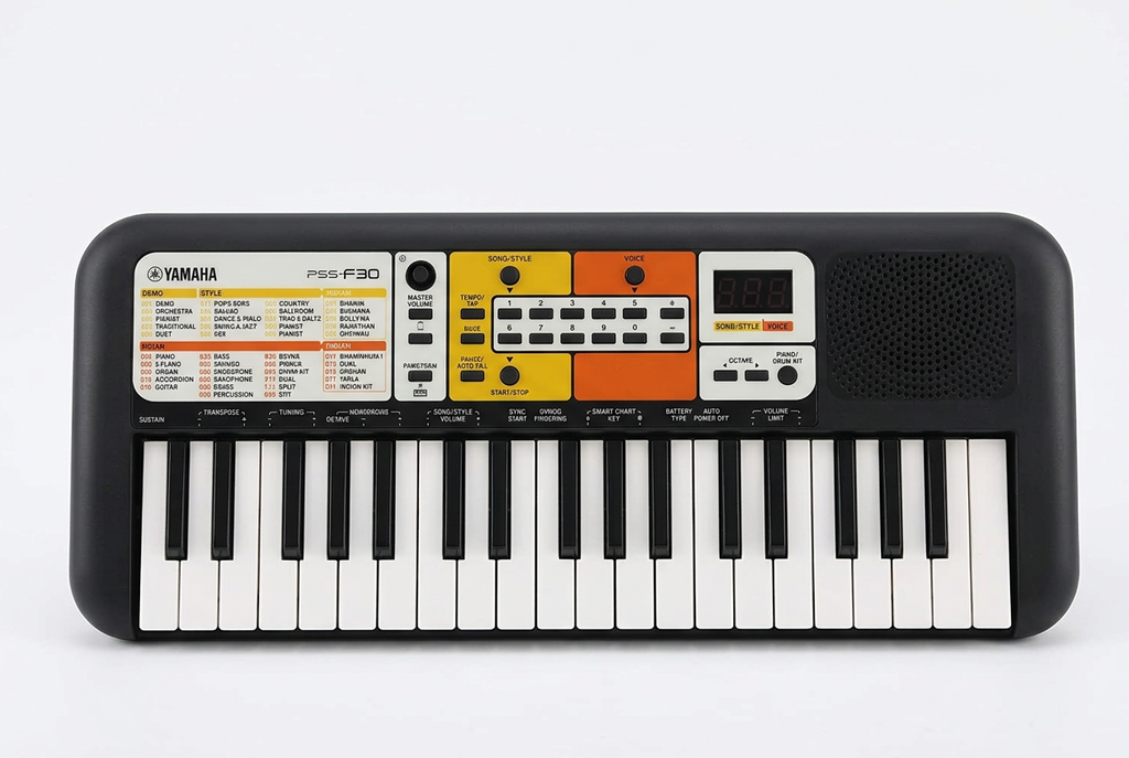 Yamaha PSS-F30 keyboard on a white studio background