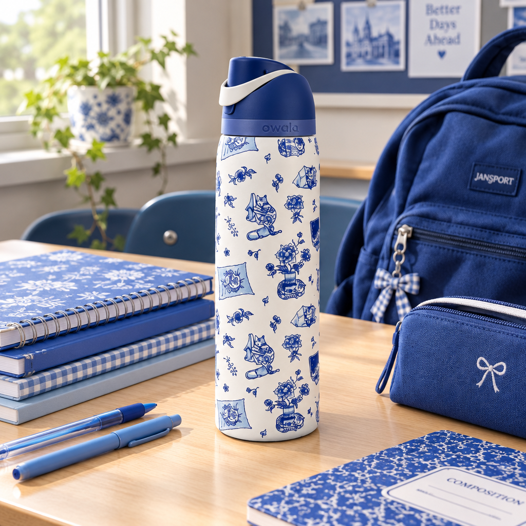 Owala Water Bottle – Delft Cat Edition – school lifestyle