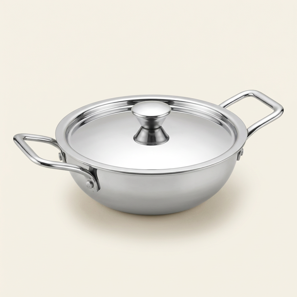 AI illustration: Natraj 18 cm triply kadai with lid studio view