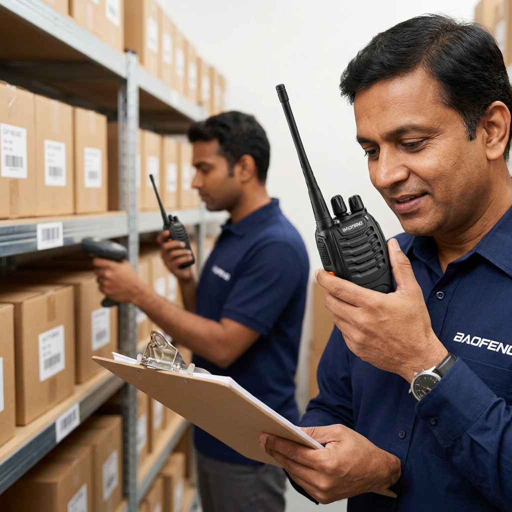 AI-generated illustration of warehouse staff using Baofeng walkie-talkies