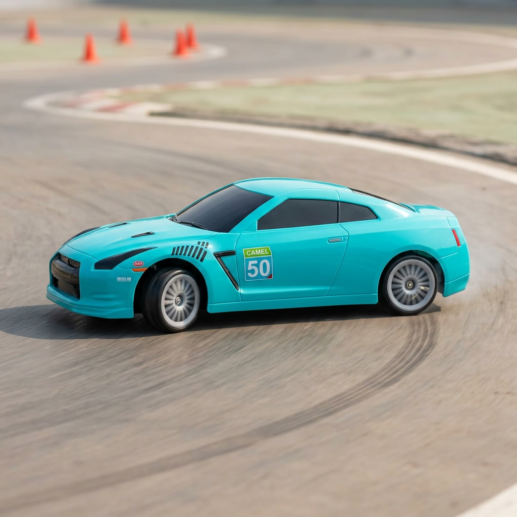 AI-generated turquoise RC drift car cornering illustration