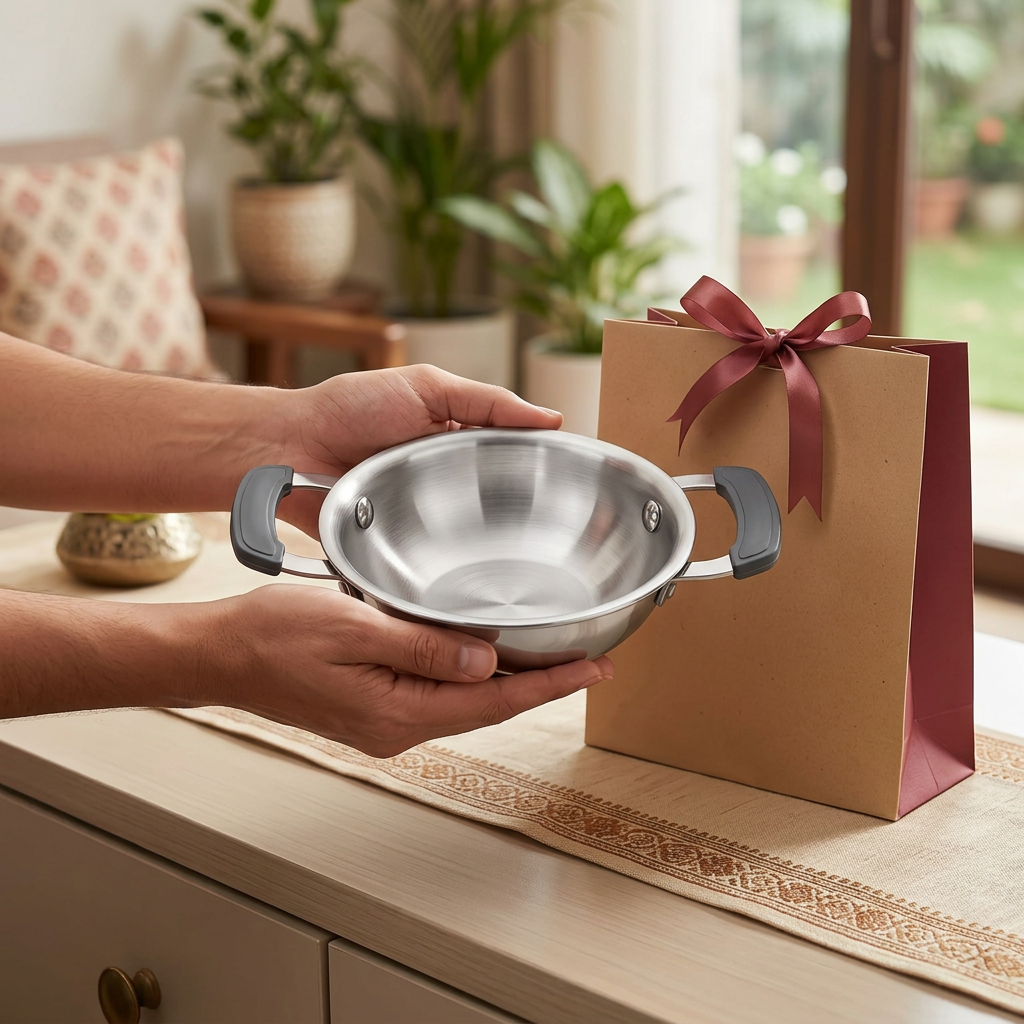 AI-generated housewarming gifting illustration of Natraj mini kadai