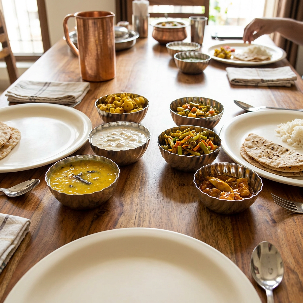 AI illustration: six bowls in everyday dining scene, food and props excluded
