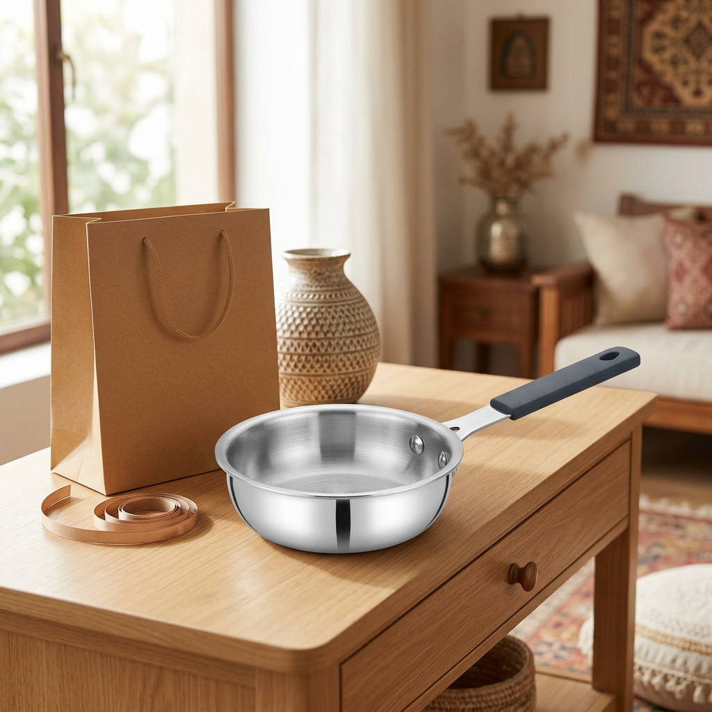 AI-generated housewarming gifting illustration of Natraj mini frying pan