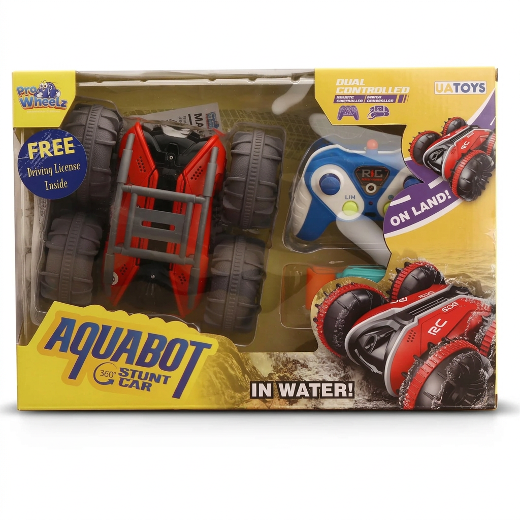 AI-generated reconstruction of red Aquabot retail box showing handheld and wrist-style controllers