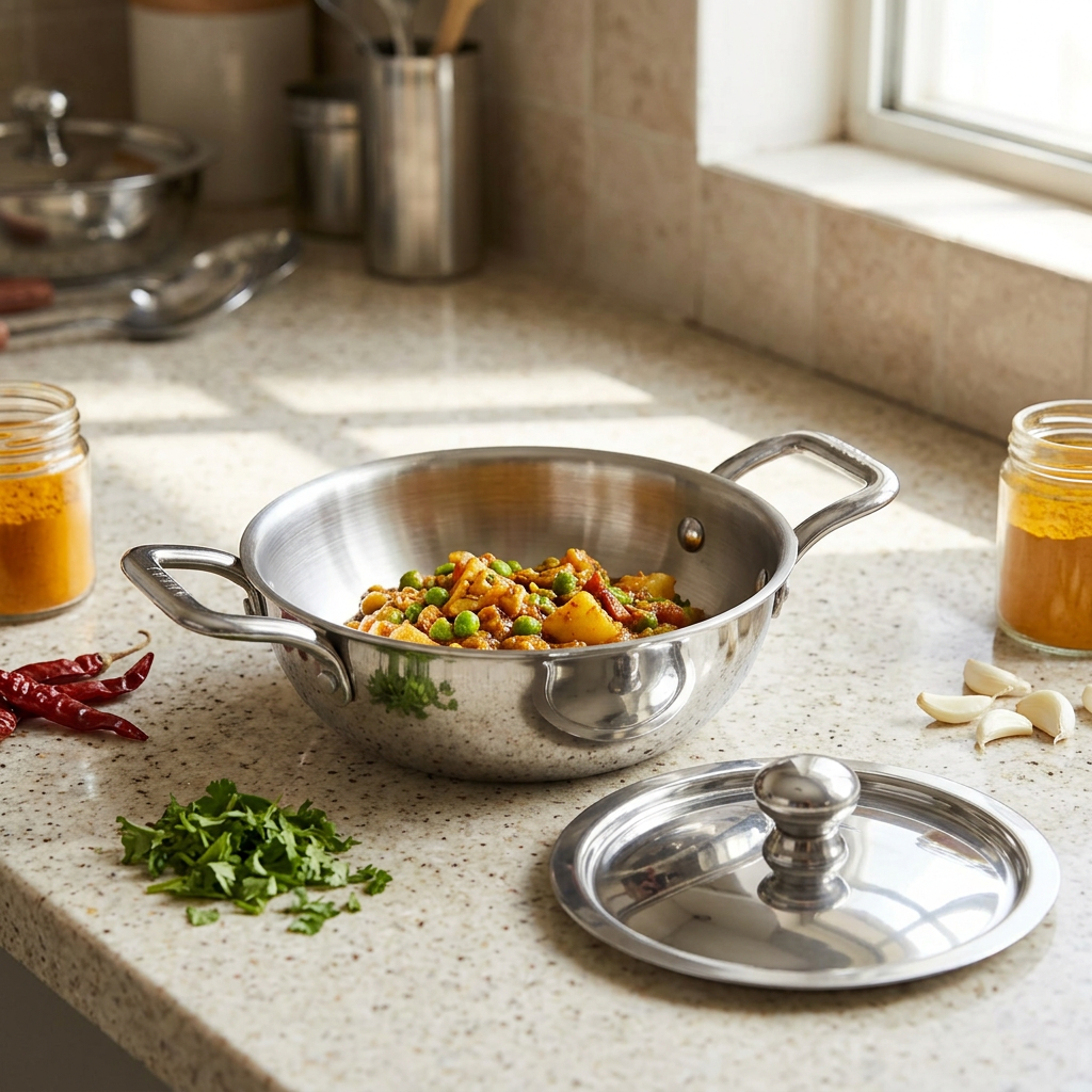 AI illustration: kadhai everyday kitchen scene, props excluded