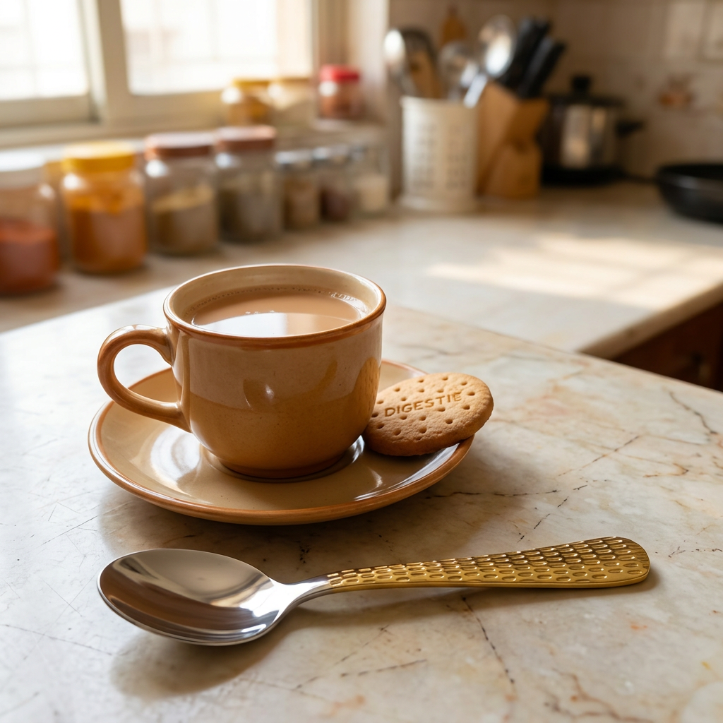 AI-generated everyday tea-time illustration of Steelfab gold-handled tea spoon