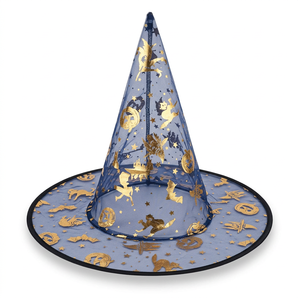 AI illustration: front studio view of blue witch hat with gold Halloween motifs