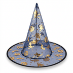 AI illustration: front studio view of blue witch hat with gold Halloween motifs